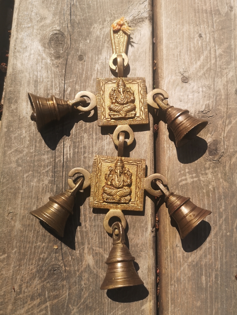 Ganesha Ganapati Statue Brass Metal Door/Wall Hanging Chime L:9.5", With 5 Bells
